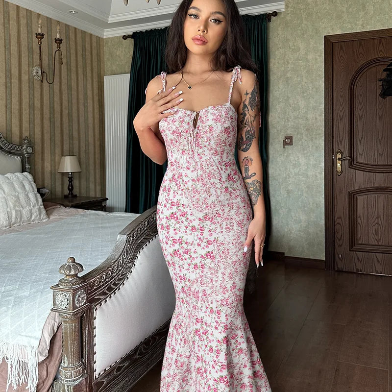Floral Lace-Up Backless Maxi Dress for Women – Spaghetti Strap Knit Beach Dress