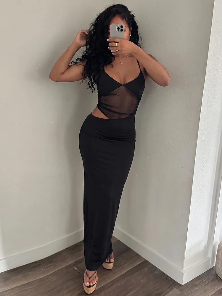 Mesh Patchwork Backless Bodycon Maxi Dress for Women – Sleeveless Evening Dress
