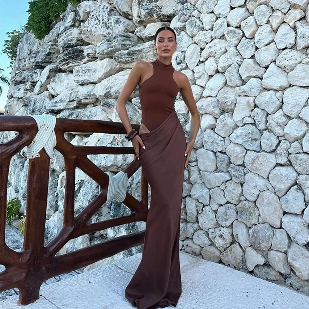 Satin Hollow Out Maxi Dress for Women – Sleeveless High Waist Evening Gown