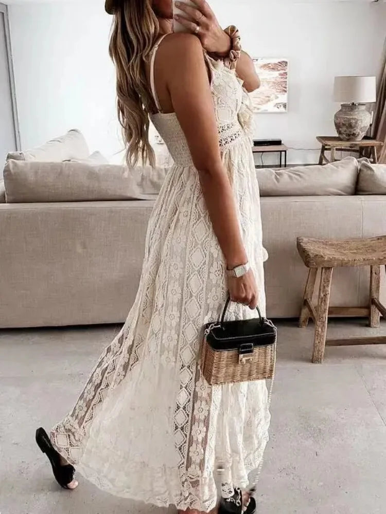 Lace V-Neck Sleeveless Maxi Beach Dress for Women – Hollow Out Summer Dress
