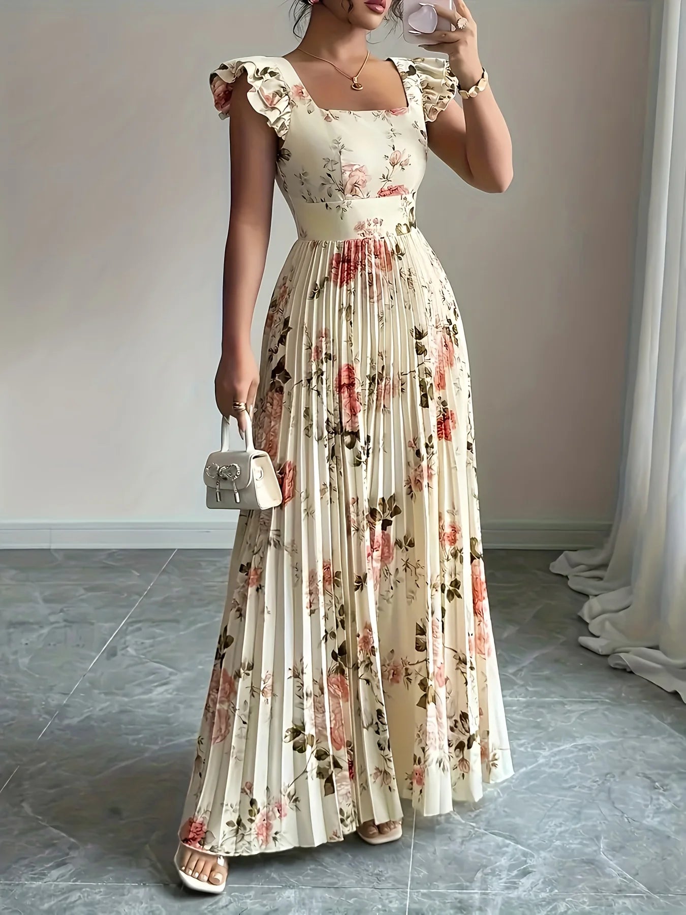 Floral Pleated Ruffle Midi Dress for Women – Square Neck High Waist Party Dress
