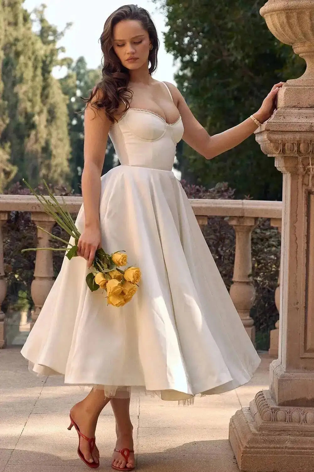 Satin Strapless Midi Dress for Women – Waist Cinching Party Dress