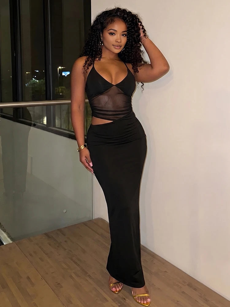 Mesh Patchwork Backless Bodycon Maxi Dress for Women – Sleeveless Evening Dress