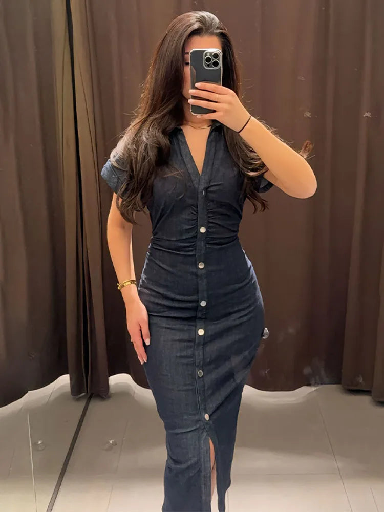 Denim Shirt Dress for Women – Short Sleeve Button-Down Midi Dress
