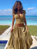 Floral Lace Two-Piece Skirt Set for Women – V-Neck Belted A-Line Summer Outfit