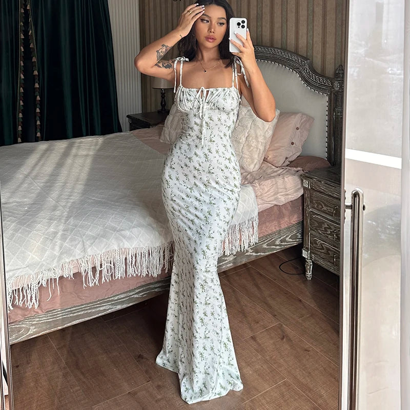Floral Lace-Up Backless Maxi Dress for Women – Spaghetti Strap Knit Beach Dress