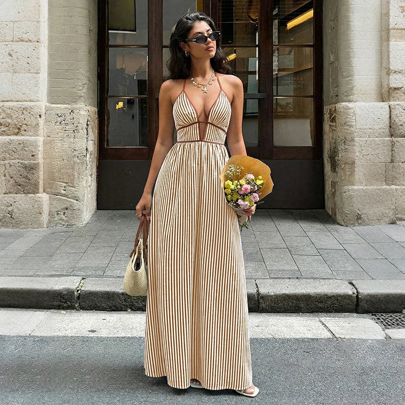 Off-Shoulder Hollow Out Maxi Beach Dress for Women – Sleeveless Backless Dress