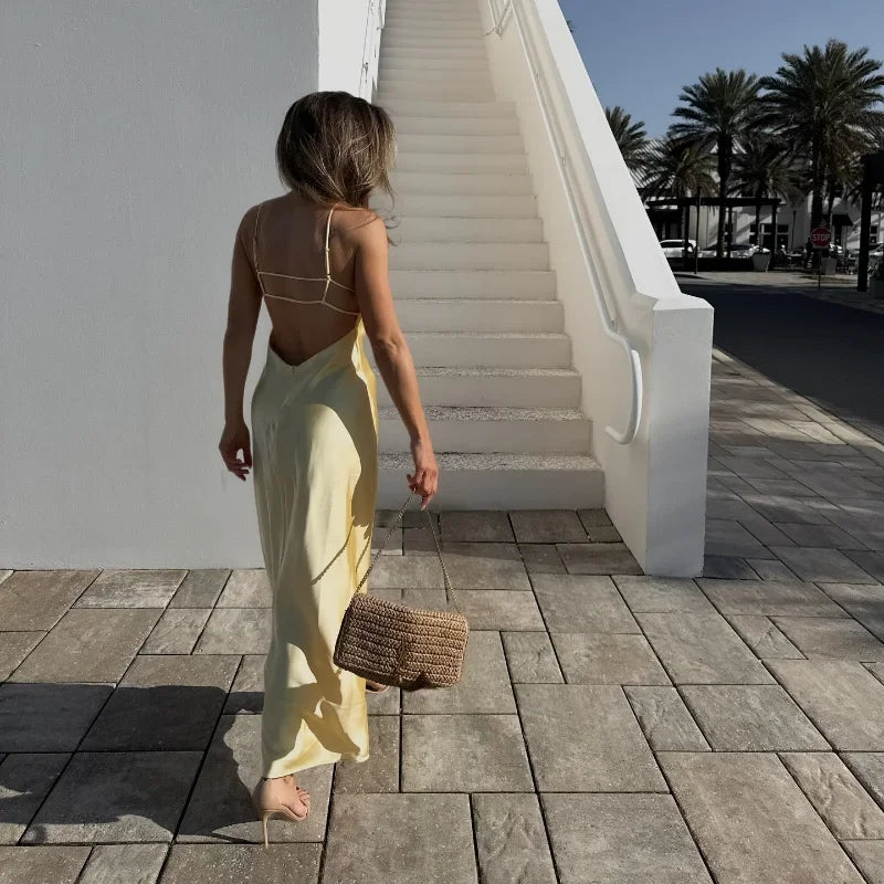 Satin Backless Maxi Dress for Women – V-Neck Slip Evening Gown – Yellow