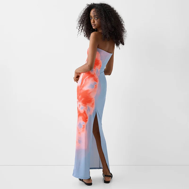 Strapless Print Tube Maxi Dress for Women – Backless Summer Sundress