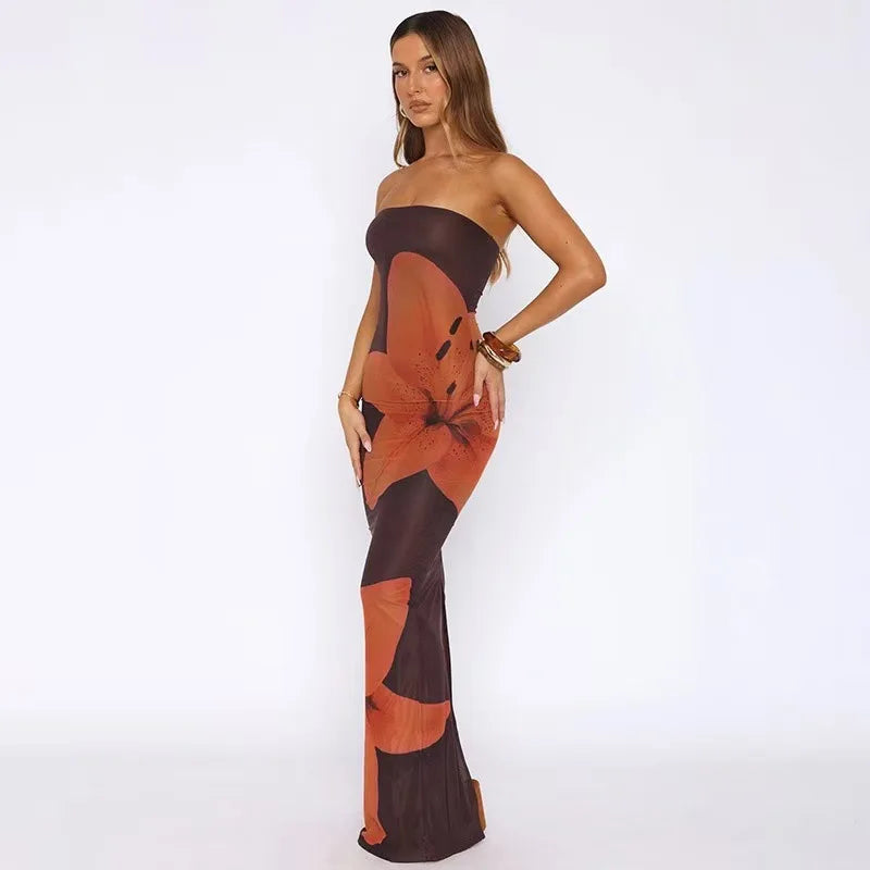 Floral Print Strapless Backless Maxi Dress for Women – Summer Beach Holiday Dress