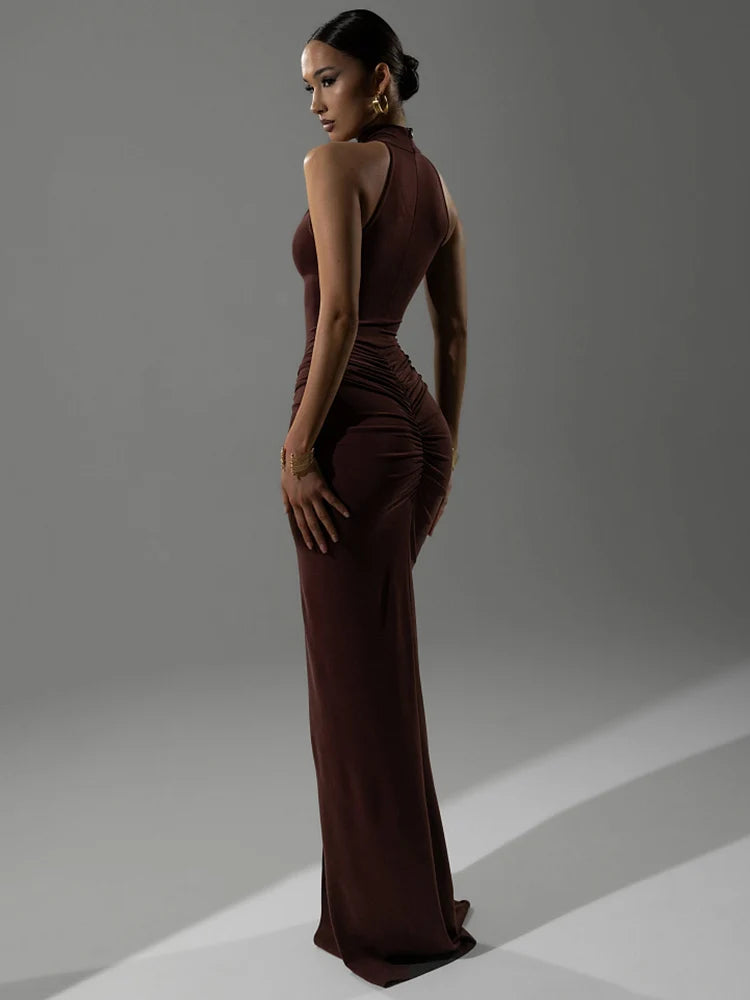 Halter Ruched Sleeveless Maxi Dress for Women – High Waist Split Evening Gown