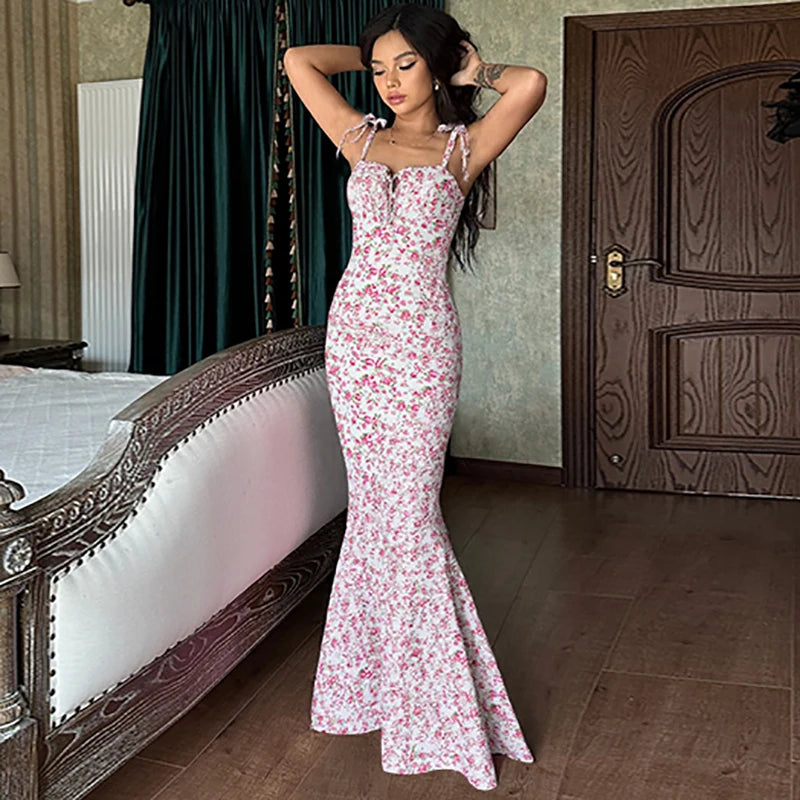 Floral Lace-Up Backless Maxi Dress for Women – Spaghetti Strap Knit Beach Dress