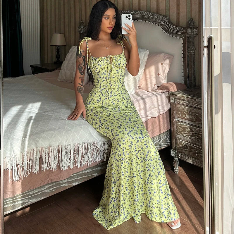 Floral Lace-Up Backless Maxi Dress for Women – Spaghetti Strap Knit Beach Dress