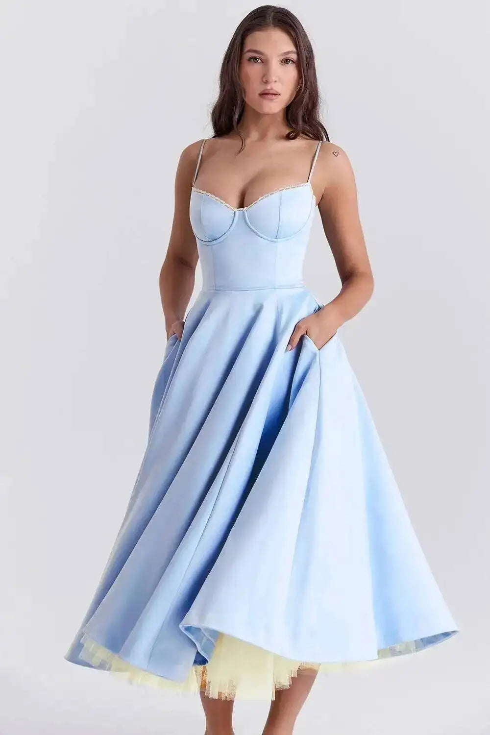 Satin Strapless Midi Dress for Women – Waist Cinching Party Dress
