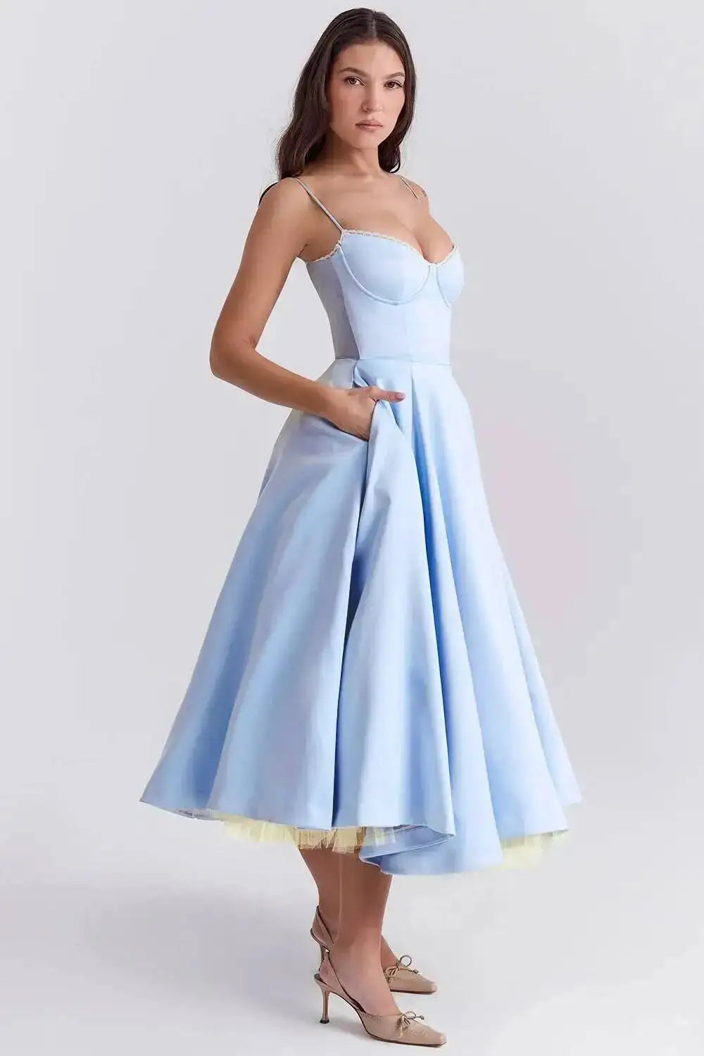 Satin Strapless Midi Dress for Women – Waist Cinching Party Dress