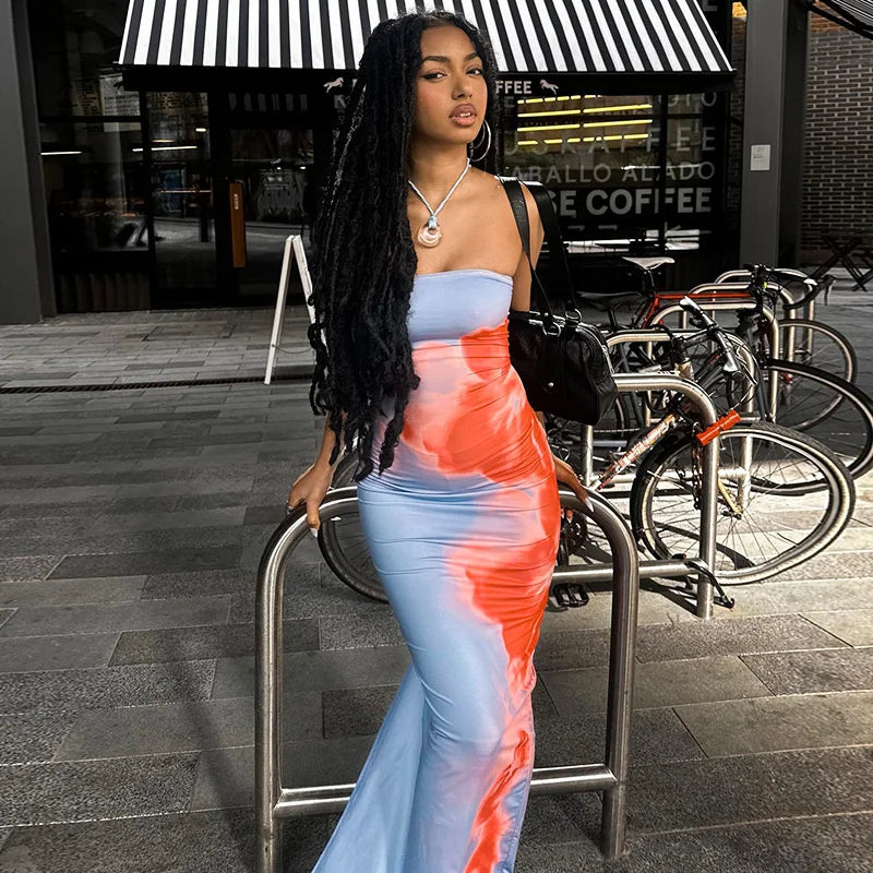 Strapless Print Tube Maxi Dress for Women – Backless Summer Sundress