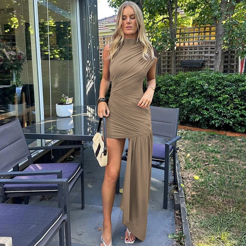 Draped Ruched Turtleneck Mini Dress for Women – Sleeveless Bodycon Party Dress