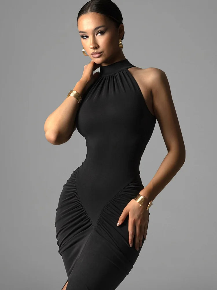 Halter Ruched Sleeveless Maxi Dress for Women – High Waist Split Evening Gown