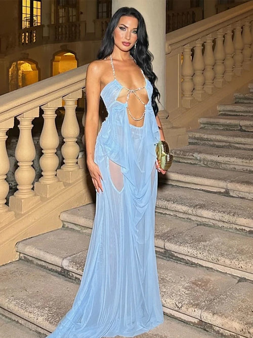 Chain Halter Backless Mini Dress for Women – Sheer Bodycon Party Dress