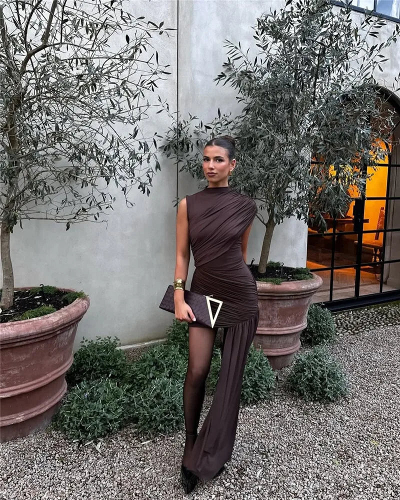 Draped Ruched Turtleneck Mini Dress for Women – Sleeveless Bodycon Party Dress