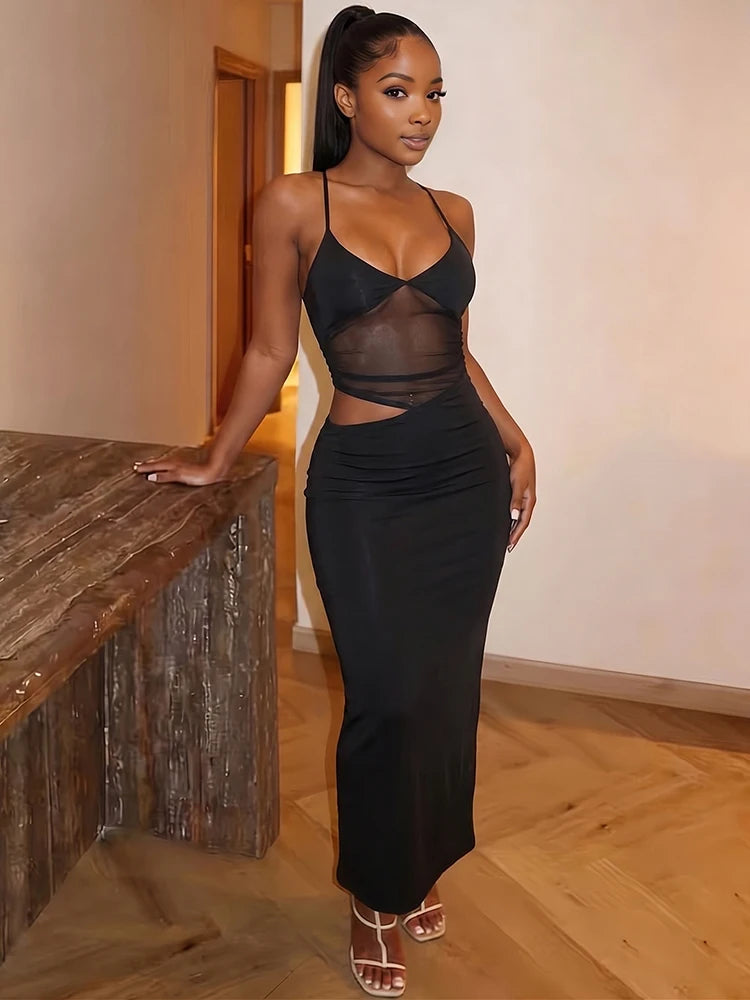 Mesh Patchwork Backless Bodycon Maxi Dress for Women – Sleeveless Evening Dress