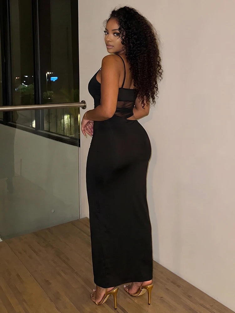 Mesh Patchwork Backless Bodycon Maxi Dress for Women – Sleeveless Evening Dress