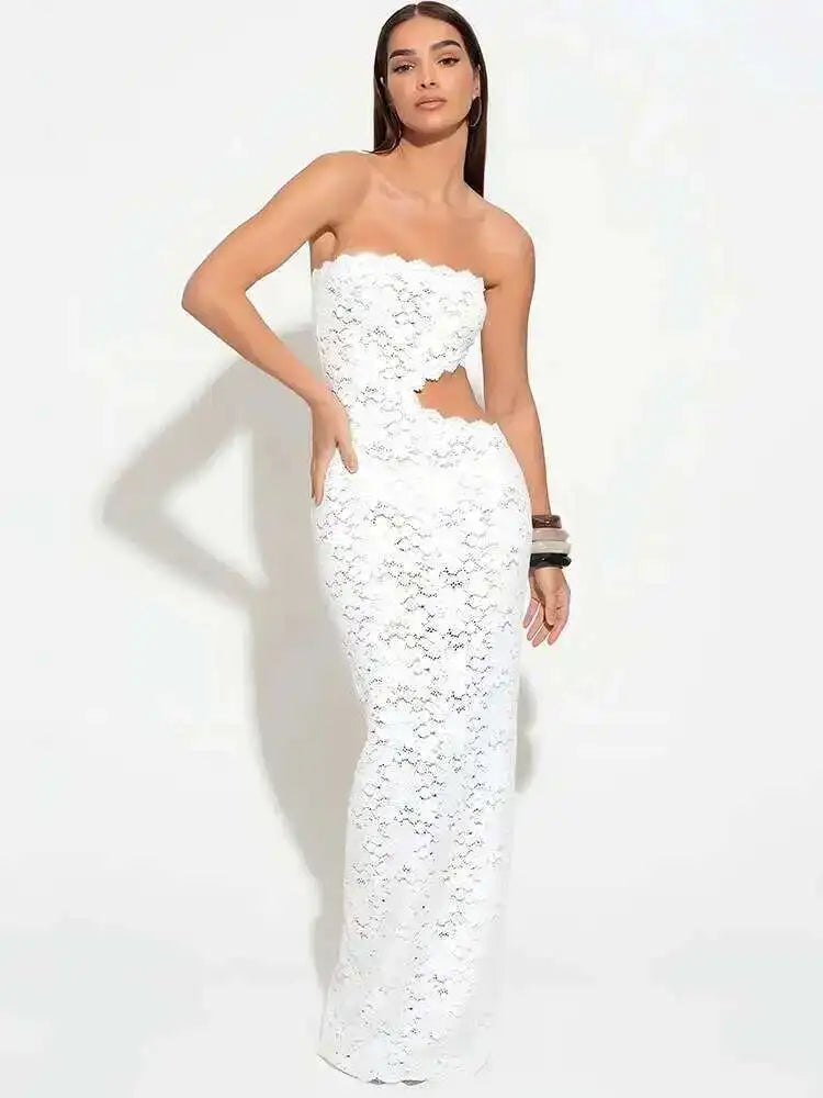 Lace Strapless Backless Maxi Dress for Women – Off-Shoulder Bodycon Evening Gown