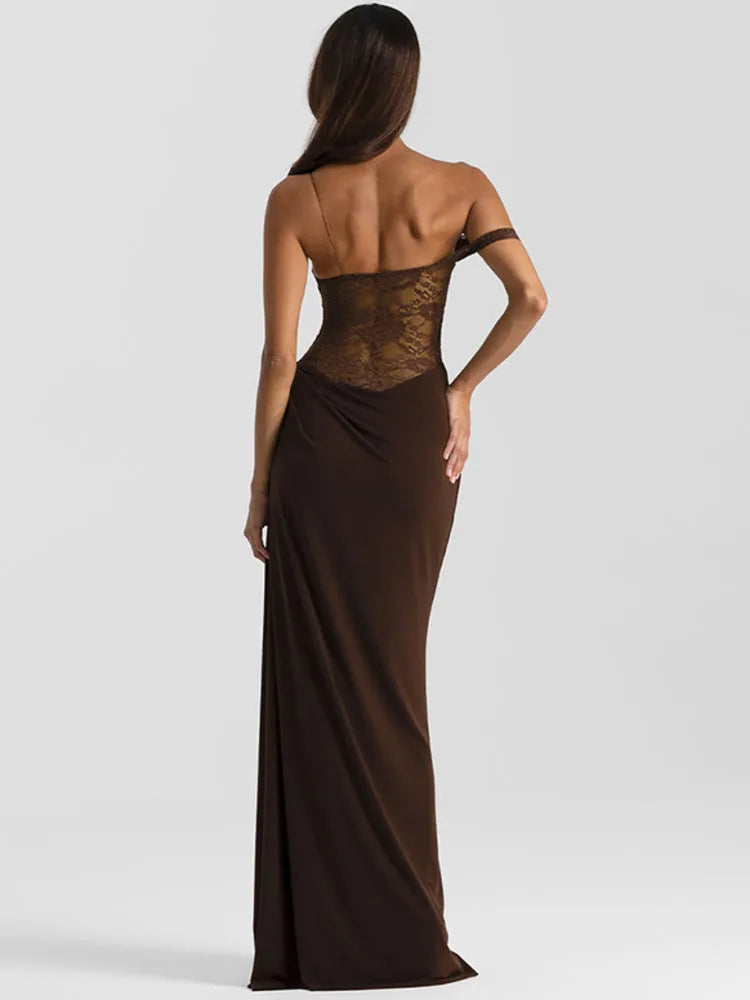 One Shoulder Lace Maxi Dress for Women – Backless Sleeveless Evening Gown