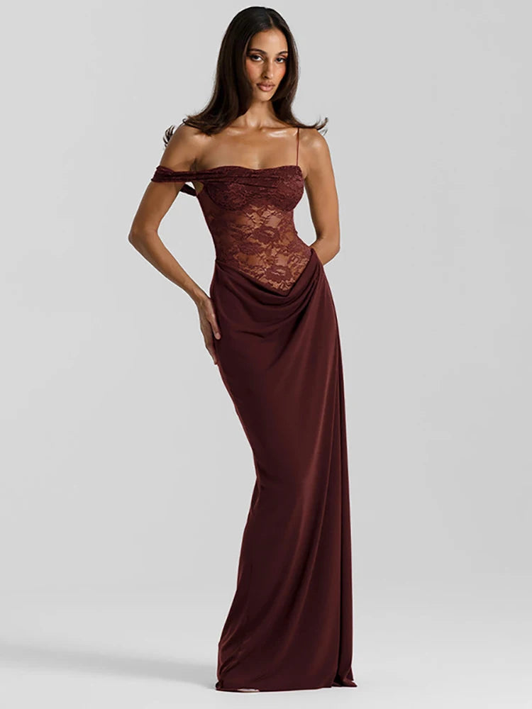 One Shoulder Lace Maxi Dress for Women – Backless Sleeveless Evening Gown