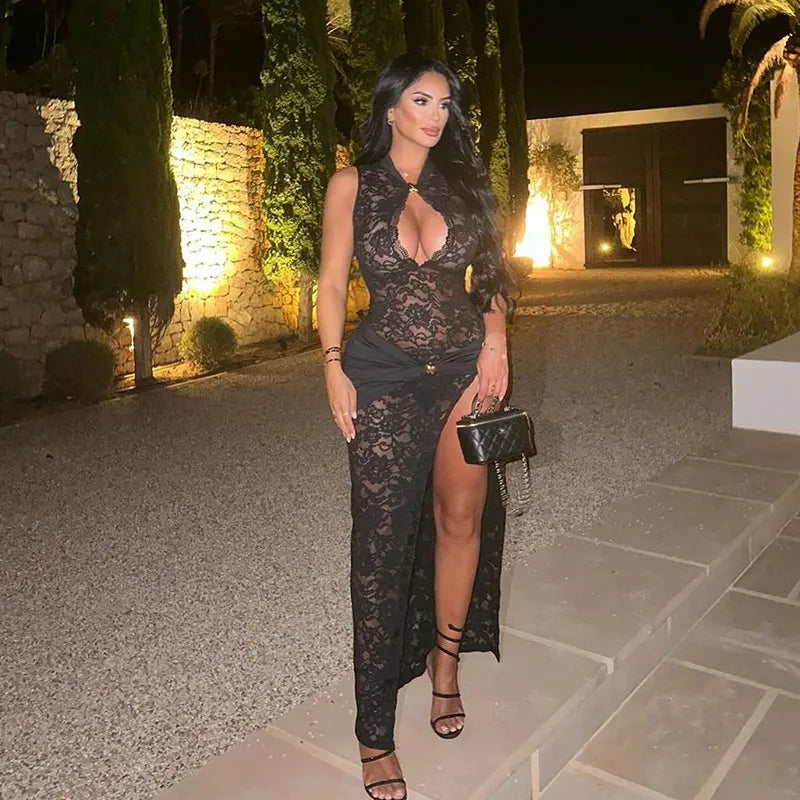 Lace Sleeveless Split Maxi Dress for Women – O-Neck Bodycon Evening Dress
