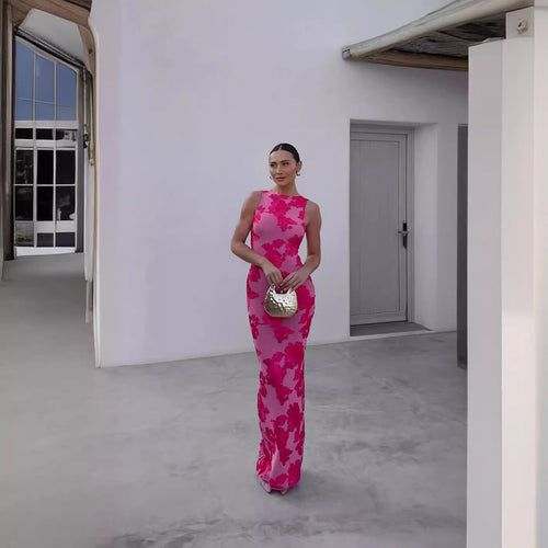 3D Floral Embroidered Mesh Maxi Dress for Women – Sleeveless Party Dress