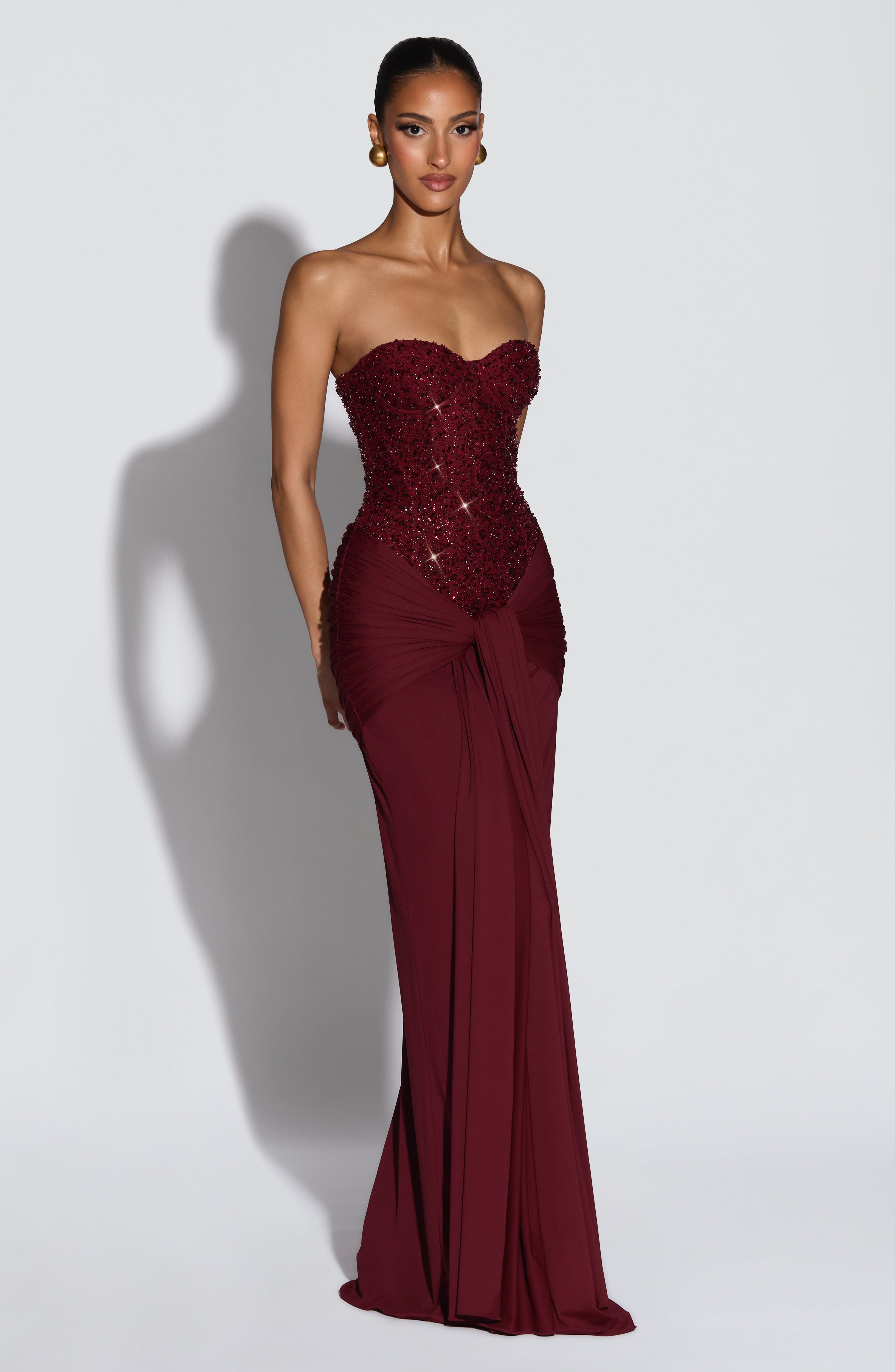 Elegant Flowy Maxi Dress for Women – Evening Gown – Burgundy