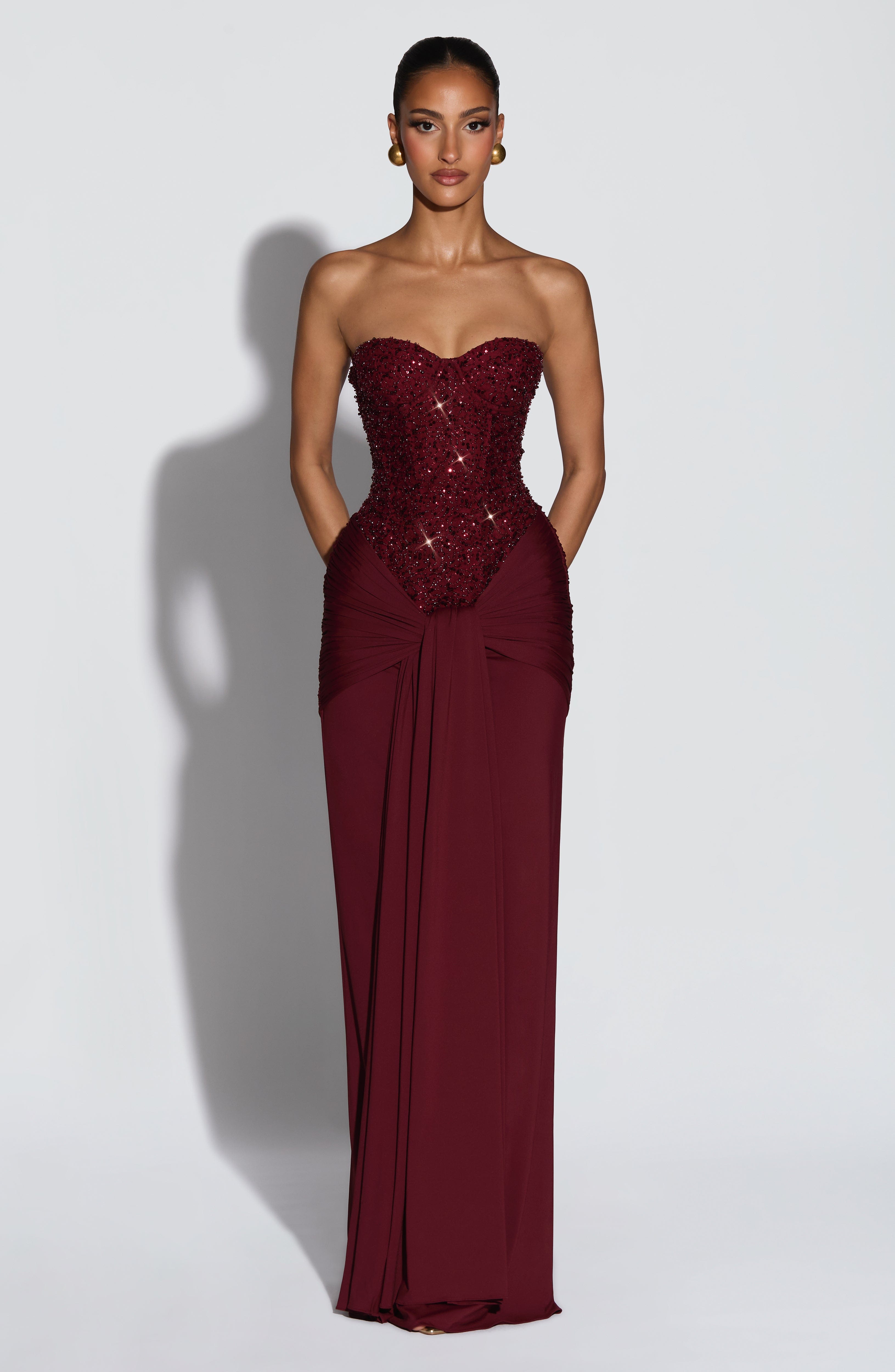 Elegant Flowy Maxi Dress for Women – Evening Gown – Burgundy