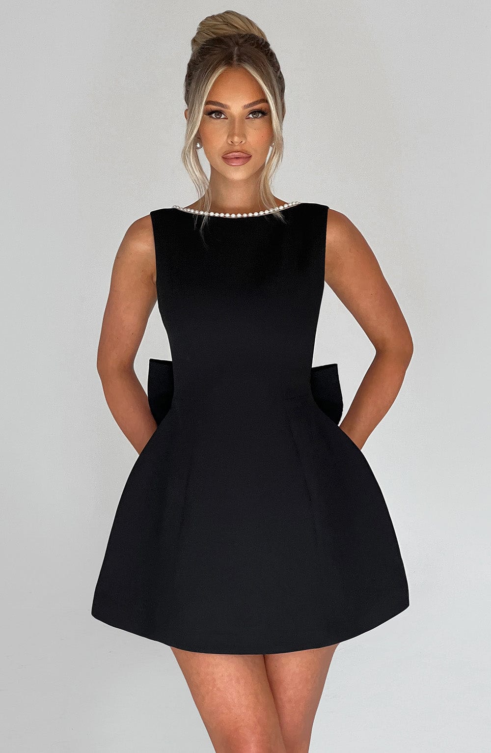 Pearl Boat Neck Bubble Mini Dress for Women – Party Dress – Black