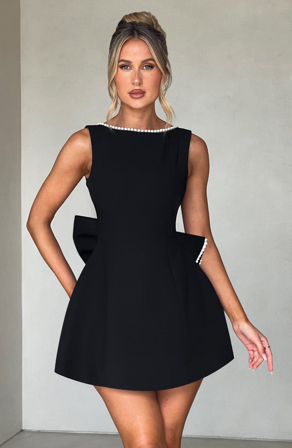 Pearl Boat Neck Bubble Mini Dress for Women – Party Dress – Black