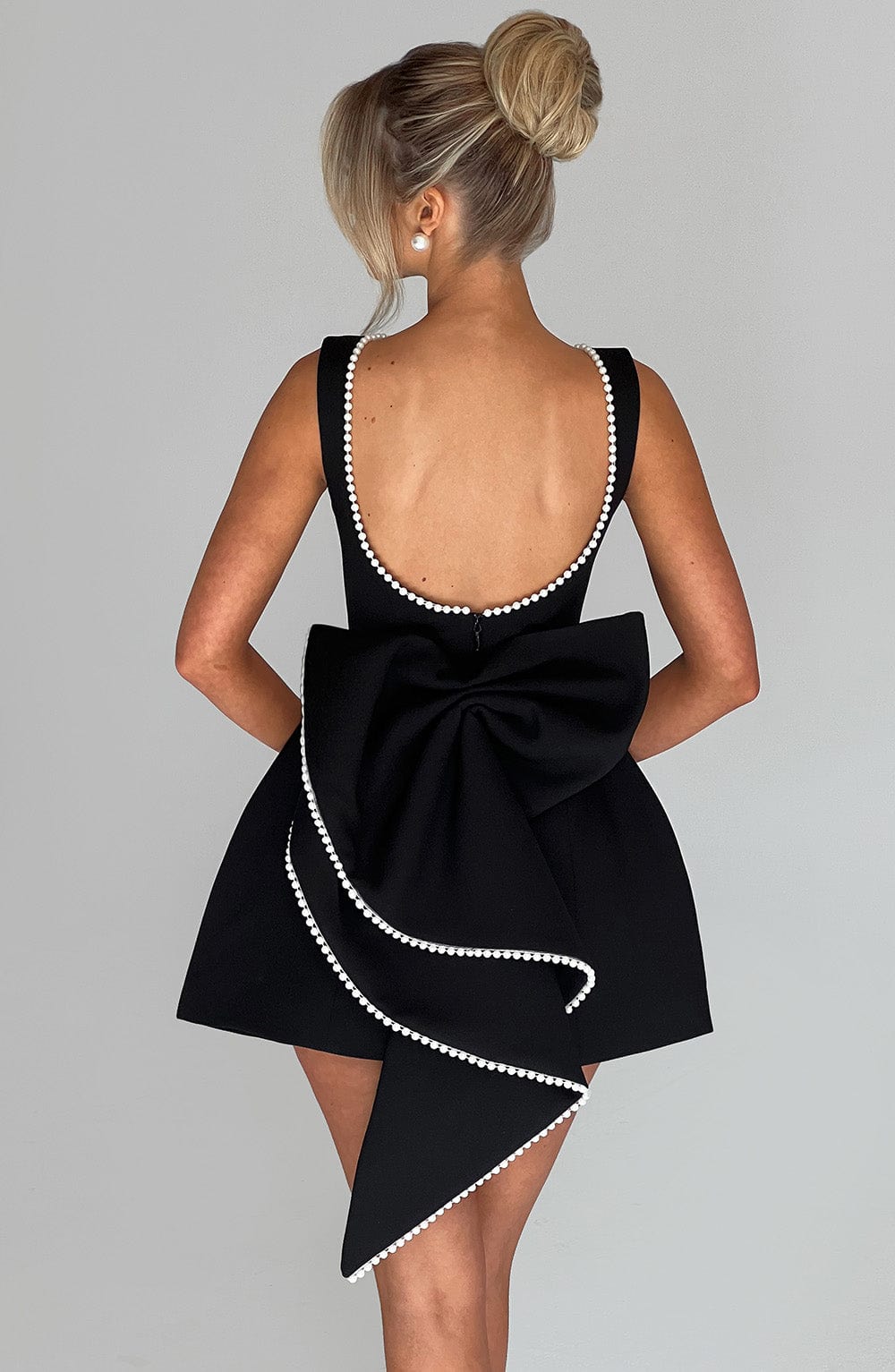 Pearl Boat Neck Bubble Mini Dress for Women – Party Dress – Black