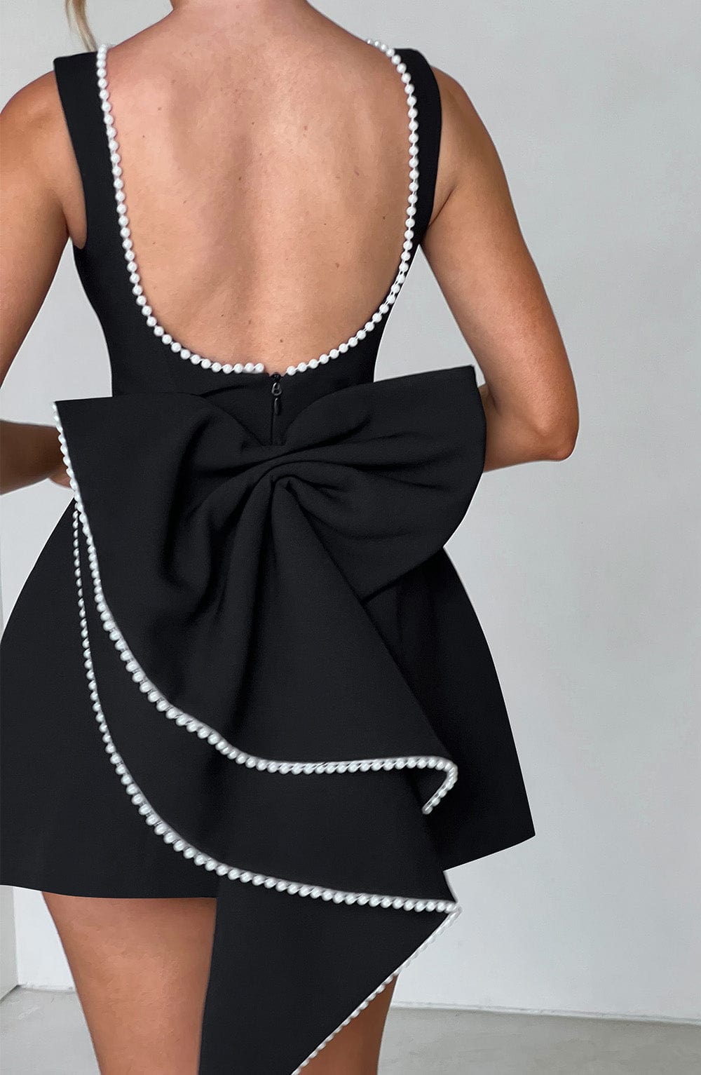 Pearl Boat Neck Bubble Mini Dress for Women – Party Dress – Black