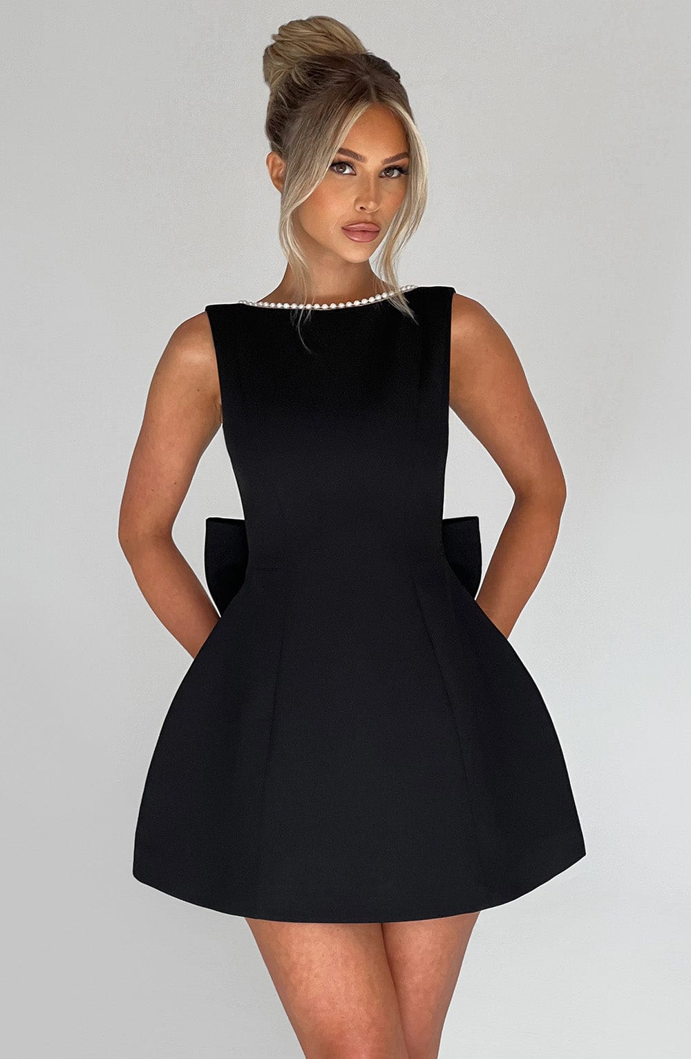 Pearl Boat Neck Bubble Mini Dress for Women – Party Dress – Black