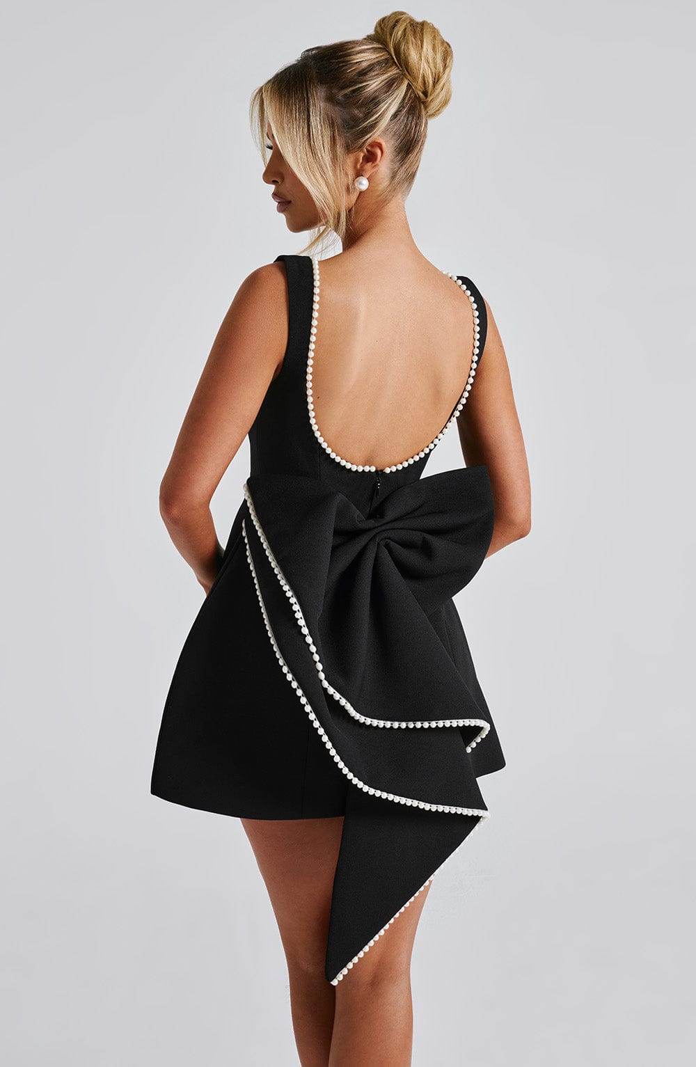 Pearl Boat Neck Bubble Mini Dress for Women – Party Dress – Black