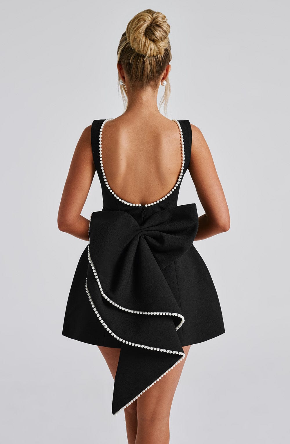 Pearl Boat Neck Bubble Mini Dress for Women – Party Dress – Black
