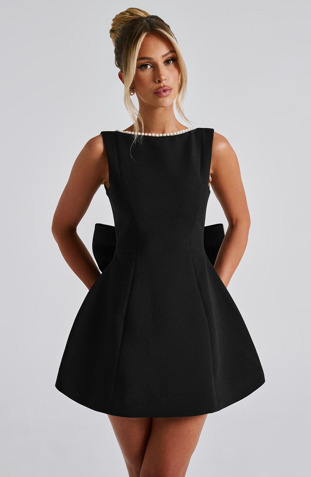 Pearl Boat Neck Bubble Mini Dress for Women – Party Dress – Black