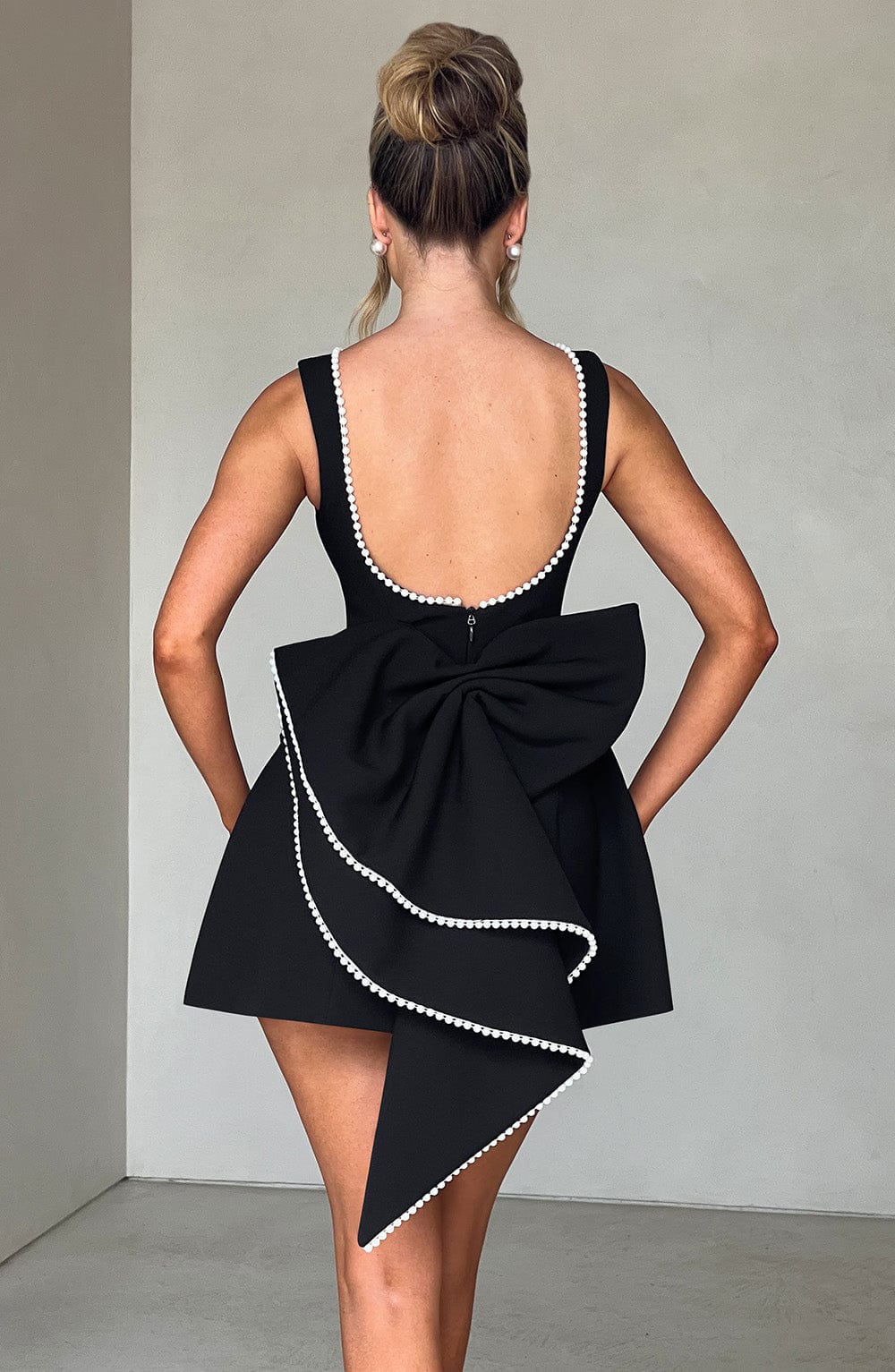 Pearl Boat Neck Bubble Mini Dress for Women – Party Dress – Black