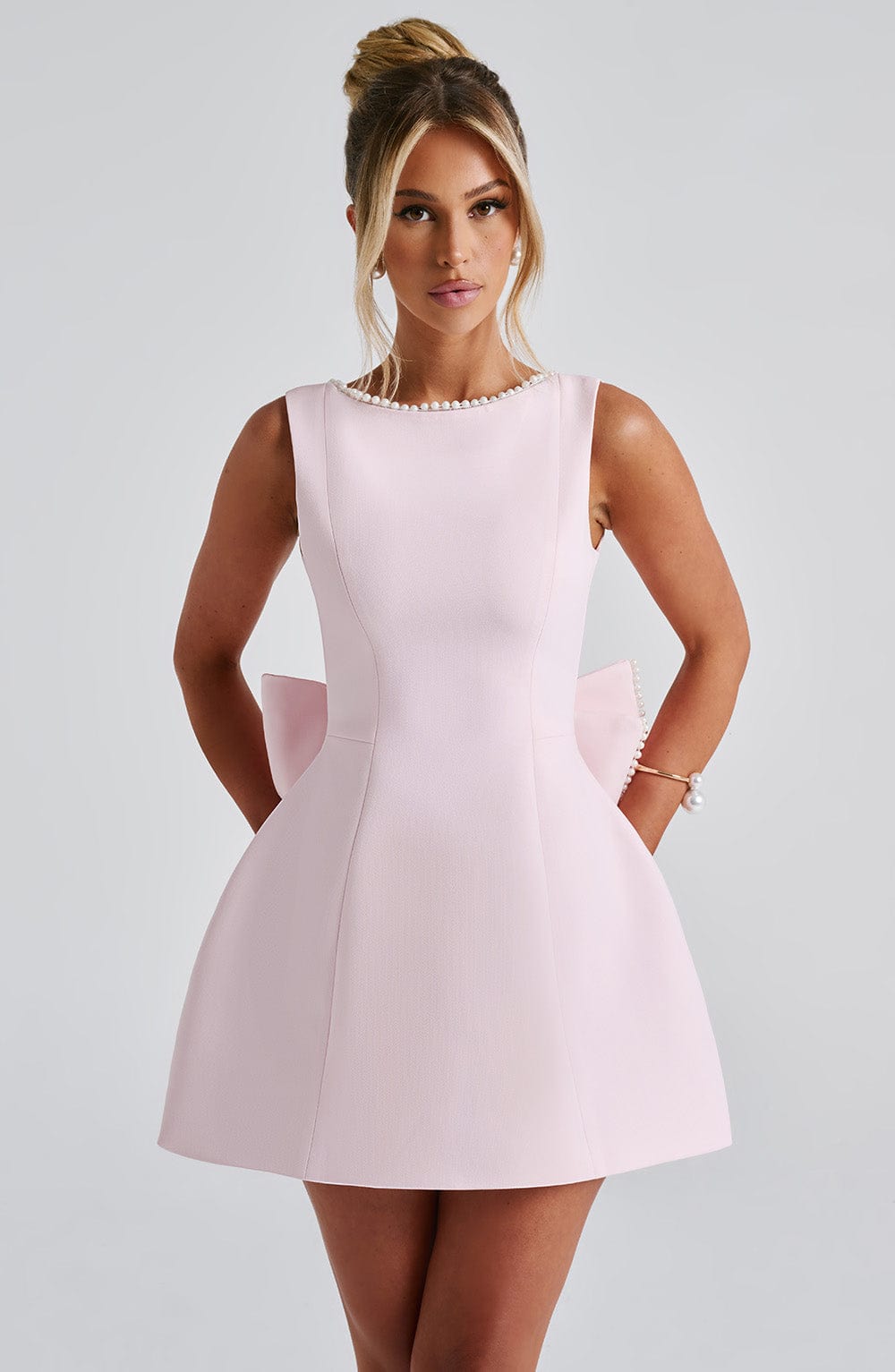 Pearl Boat Neck Bubble Mini Dress for Women – Party Dress – Blush