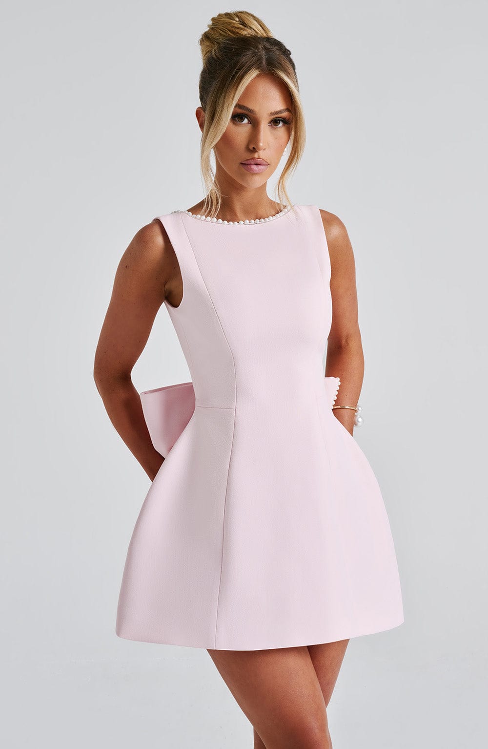Pearl Boat Neck Bubble Mini Dress for Women – Party Dress – Blush