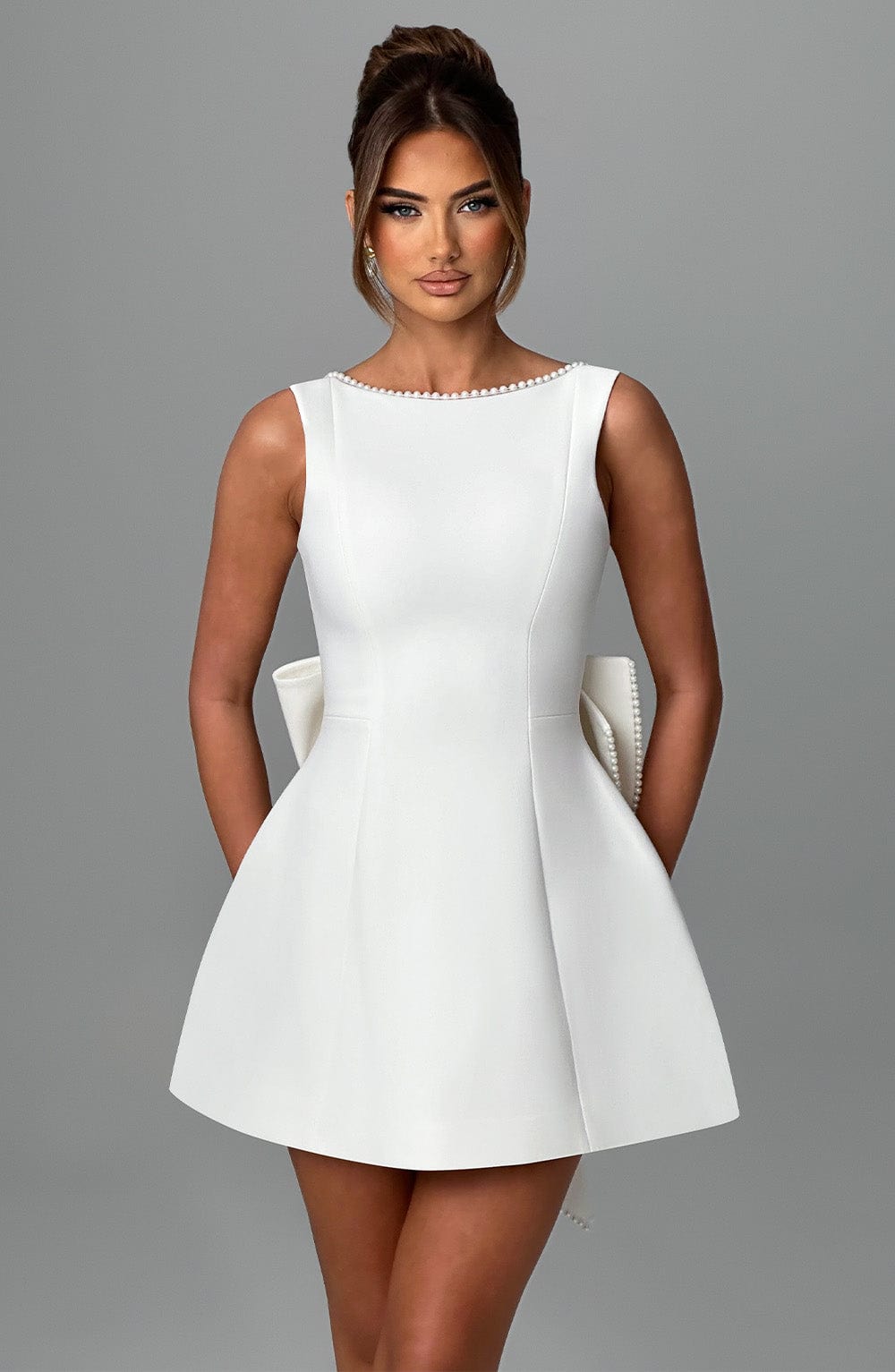 Pearl Boat Neck Bubble Mini Dress for Women – Party Dress – Ivory
