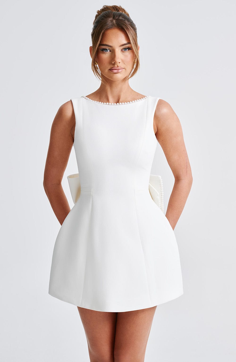 Pearl Boat Neck Bubble Mini Dress for Women – Party Dress – Ivory