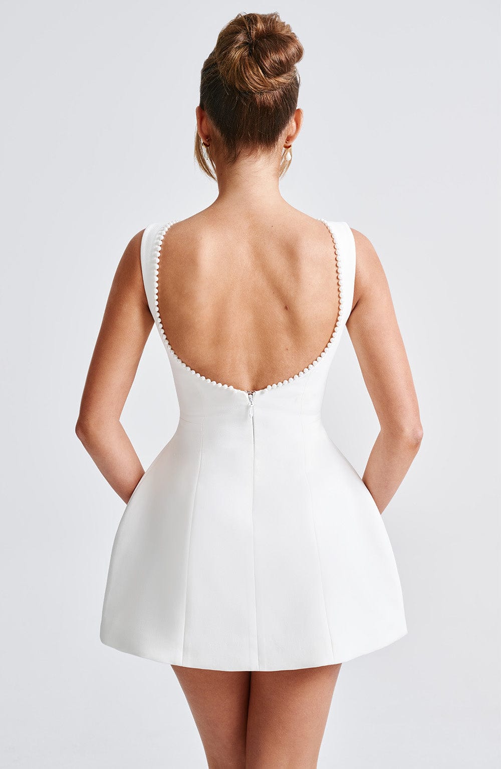 Pearl Boat Neck Bubble Mini Dress for Women – Party Dress – Ivory