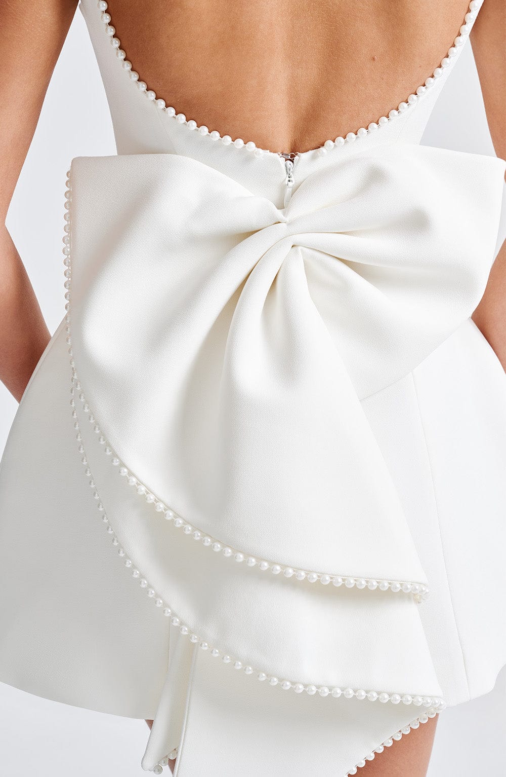 Pearl Boat Neck Bubble Mini Dress for Women – Party Dress – Ivory