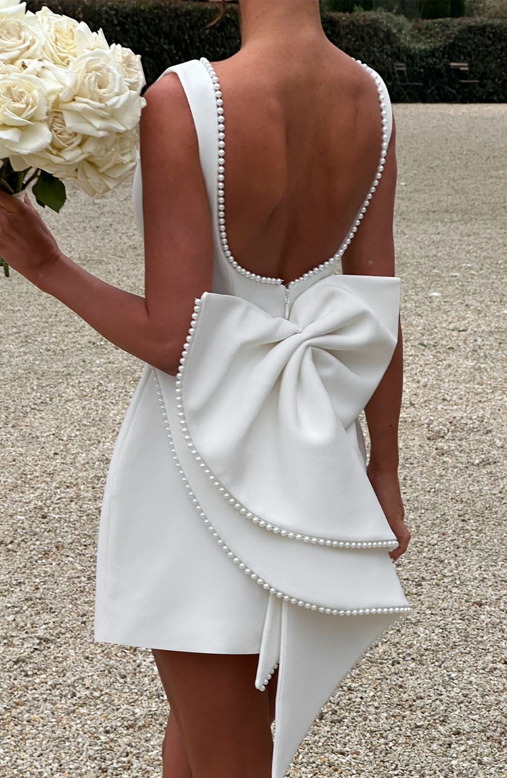 Pearl Boat Neck Bubble Mini Dress for Women – Party Dress – Ivory