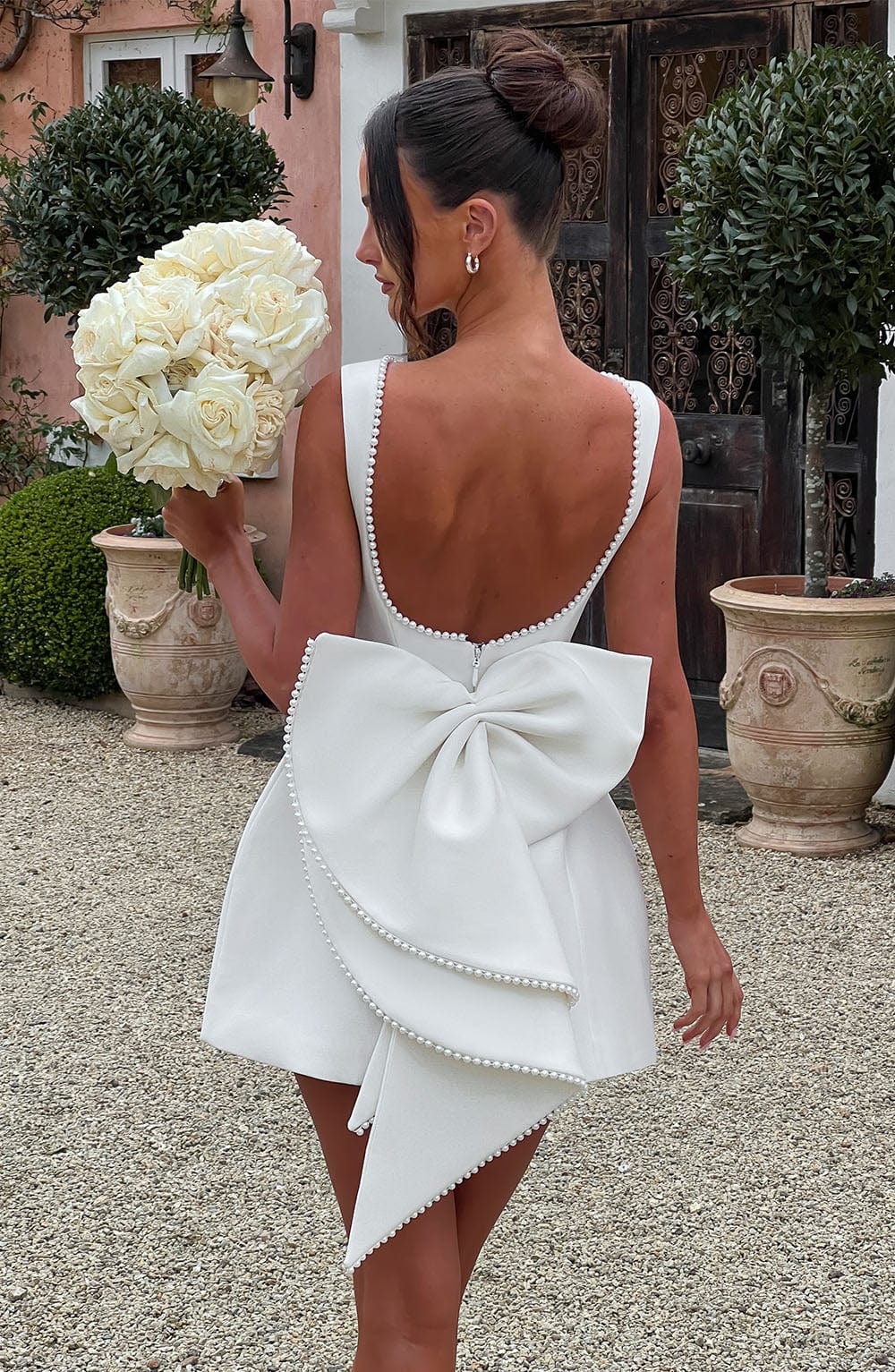 Pearl Boat Neck Bubble Mini Dress for Women – Party Dress – Ivory
